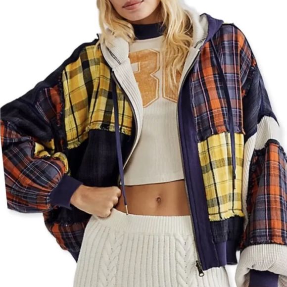 Free People Patch And Reverse Hoodie Pieced Plaid Patchwork Blue Rust Yellow Ivo - Picture 2 of 7